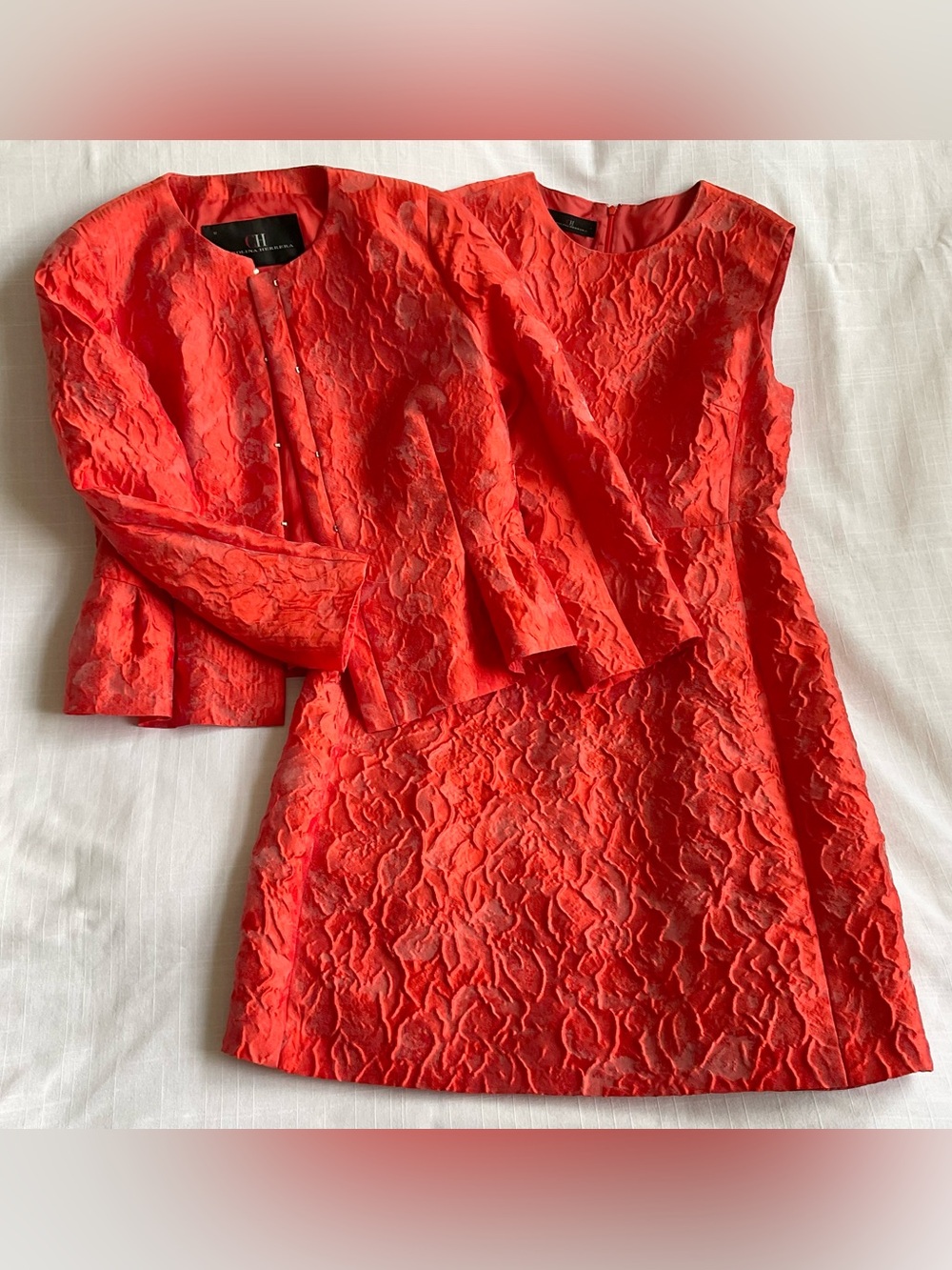 CH Carolina Herrera | Silk Blend Jacquard Peplum Jacket Dress Set Coral Red | 12